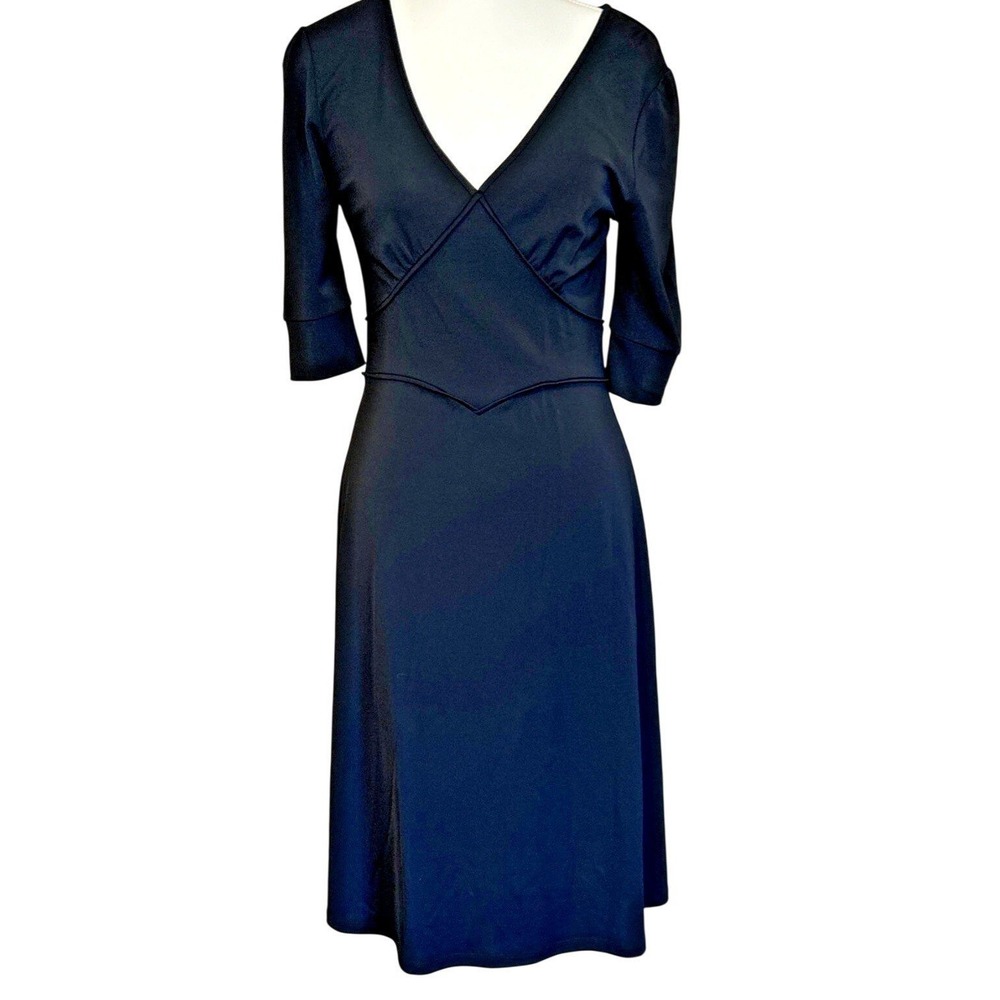 Boston Proper Fit‎ & Flare Dress Women 4 Black V-Neck 3/4 Sleeve LBD Babydoll